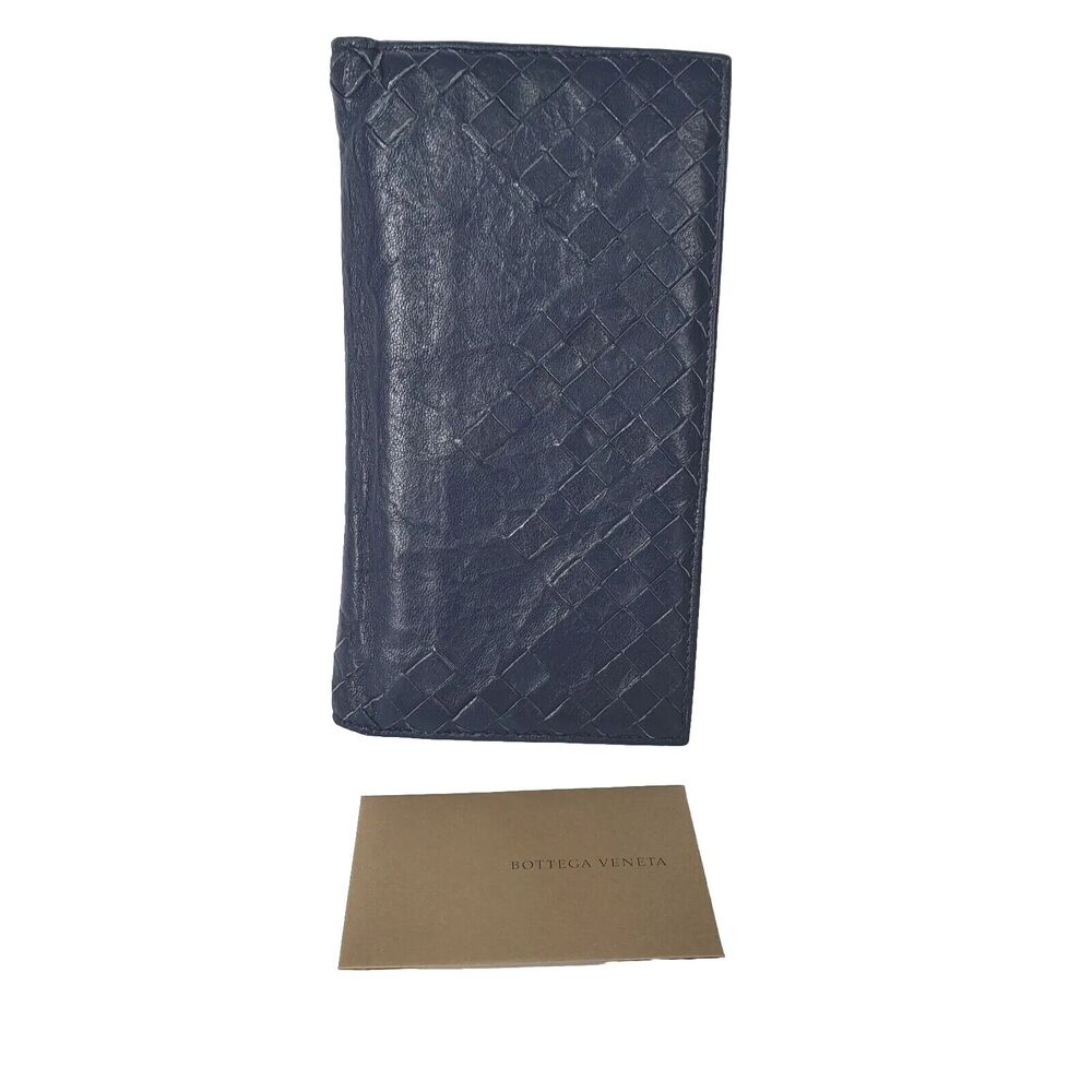 BOTTEGA VENETA Interatiato Woven Blue Leather Bifold Wallet Large Multi‎ Card